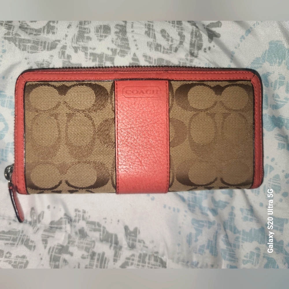Coach Signature Canvas Tan and Pink Wallet